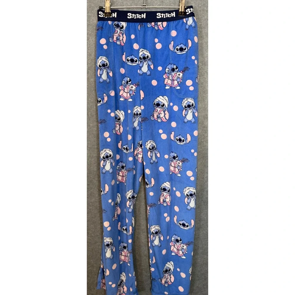 Disney Parks Stitch Pajama Set L Blue Raglan Top Fleece Pants Lounge Disneycore